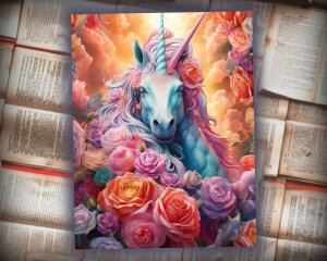 12 papers | Shining Iridescent Unicorn and Pastel Roses Scrapbooking Kit with High Detail and Fantasy Fairytale Style | Printable Pages