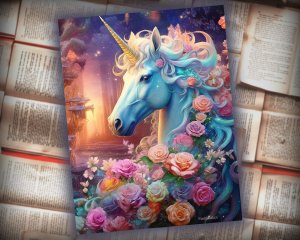 12 papers | Shining Iridescent Unicorn and Pastel Roses Scrapbooking Kit with High Detail and Fantasy Fairytale Style | Printable Pages