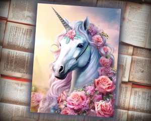 12 papers | Shining Iridescent Unicorn and Pastel Roses Scrapbooking Kit with High Detail and Fantasy Fairytale Style | Printable Pages