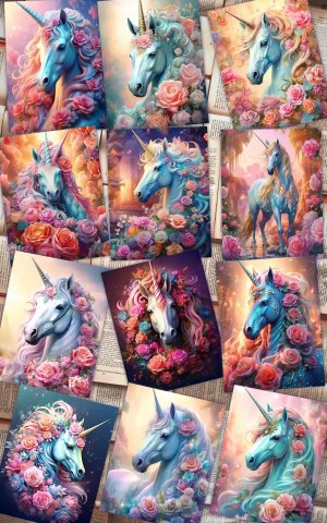 12 papers | Shining Iridescent Unicorn and Pastel Roses Scrapbooking Kit with High Detail and Fantasy Fairytale Style | Printable Pages