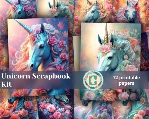 12 papers | Shining Iridescent Unicorn and Pastel Roses Scrapbooking Kit with High Detail and Fantasy Fairytale Style | Printable Pages