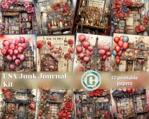 12 Papers | USA Themed Junk Journal Kit with Colorful Background and Intricate Details, Printable Scrapbooking Papers, Shabby Chic Ephemera