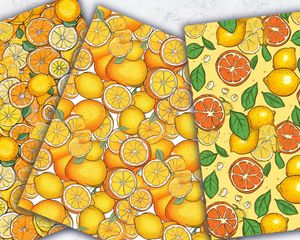 Orange & Lemon Digital Pattern Paper | Cute Watercolor Clipart, Seamless Texture, Hand Drawn Vector | Vivid Colors, Big Elements