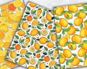 Orange & Lemon Digital Pattern Paper | Cute Watercolor Clipart, Seamless Texture, Hand Drawn Vector | Vivid Colors, Big Elements