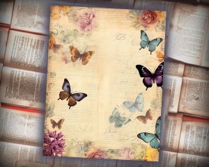 12 Papers | Victorian Butterflies Scrapbooking Kit, Printable Pages, Shabby Chic Journaling Kit, Detailed Illustrations, Vivid Colors