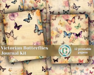 12 Papers | Victorian Butterflies Scrapbooking Kit, Printable Pages, Shabby Chic Journaling Kit, Detailed Illustrations, Vivid Colors