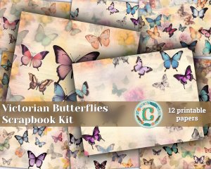 12 papers | Victorian Butterflies Junk Journal Paper | Shabby Chic Ephemera for Scrapbooking, Invitations & Designs | Printable Pages & Kit