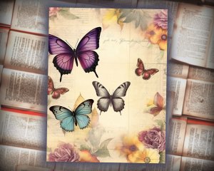 12 papers | Victorian Butterflies Junk Journal Paper Kit | Printable Scrapbooking Pages | Shabby Chic Ephemera | Detailed Illustrations