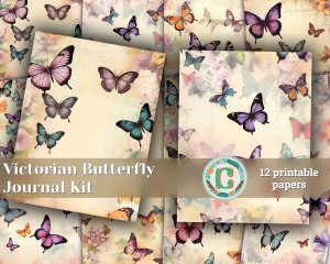 12 papers | Victorian Butterflies Junk Journal Paper Kit | Printable Scrapbooking Pages | Shabby Chic Ephemera | Detailed Illustrations