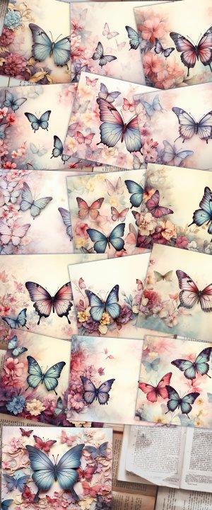 16 papers | Victorian Butterflies scrapbooking kit, printable pages, shabby chic journaling kit, watercolor fairy tale illustrations