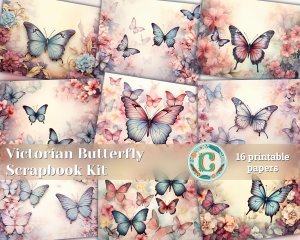 16 papers | Victorian Butterflies scrapbooking kit, printable pages, shabby chic journaling kit, watercolor fairy tale illustrations