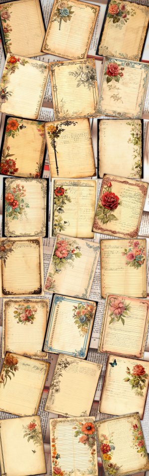 24 Papers | Victorian Era Lined Journal Pages in Vintage Ephemera Style | Printable Paper for Scrapbooking, Junk Journaling Kit