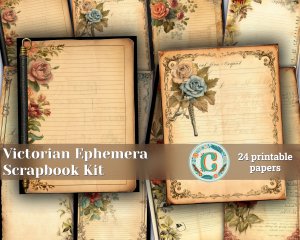 24 Papers | Victorian Era Lined Journal Pages in Vintage Ephemera Style | Printable Paper for Scrapbooking, Junk Journaling Kit