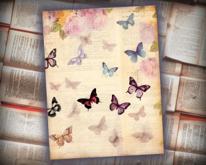 12 Papers | Victorian Butterflies Junk Journal Printable Pages, Detailed Illustrations, Shabby Chic Ephemera, Scrapbooking Kit