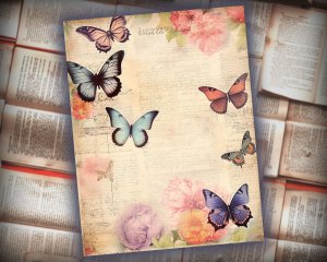 12 Papers | Victorian Butterflies Junk Journal Printable Pages, Detailed Illustrations, Shabby Chic Ephemera, Scrapbooking Kit