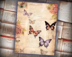 12 Papers | Victorian Butterflies Junk Journal Printable Pages, Detailed Illustrations, Shabby Chic Ephemera, Scrapbooking Kit