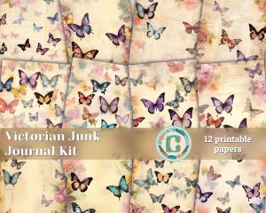 12 Papers | Victorian Butterflies Junk Journal Printable Pages, Detailed Illustrations, Shabby Chic Ephemera, Scrapbooking Kit