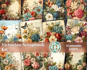 12 papers | Victorian Ephemera Style Scrapbooking Kit | Vintage Journal Pages | Printable Paper | Shabby Chic Scrapbooking Papers