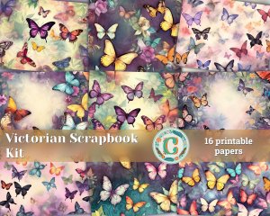 16 papers | Victorian Butterflies Scrapbooking Kit | Printable Pages, Shabby Chic Journaling Kit, Watercolor Fairy Tale Illustrations