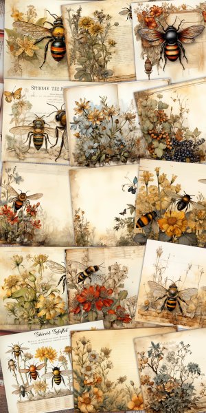 15 Papers | Stamperia Watercolor Style Art Printable Pages, Antique Vintage Bee Illustration, Shabby Chic Ephemera Scrapbooking Kit