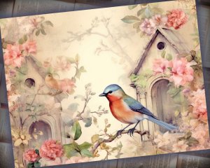 17 papers | Vintage Birds on Fairy Tale Background | Pastel Colors | Scrapbooking Kit | Shabby Chic Ephemera | Printable Paper