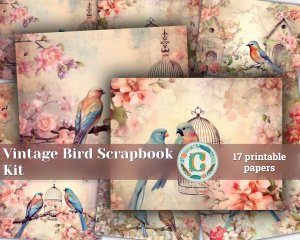 17 papers | Vintage Birds on Fairy Tale Background | Pastel Colors | Scrapbooking Kit | Shabby Chic Ephemera | Printable Paper