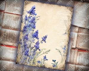 Beautiful Watercolor Vintage Junk Journal Page with Bluebells | Hyper Detailed Printable Template Paper for Invitations, Digital Planners