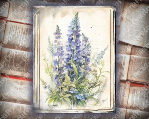 Beautiful Watercolor Vintage Junk Journal Page with Bluebells | Hyper Detailed Printable Template Paper for Invitations, Digital Planners