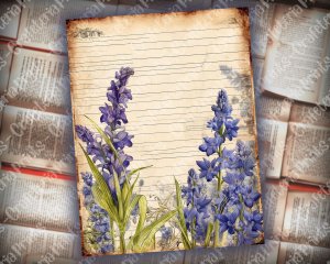 Beautiful Watercolor Vintage Junk Journal Page with Bluebells | Hyper Detailed Printable Template Paper for Invitations, Digital Planners