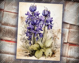 Beautiful Watercolor Vintage Junk Journal Page with Bluebells | Hyper Detailed Printable Template Paper for Invitations, Digital Planners