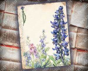 Beautiful Watercolor Vintage Junk Journal Page with Bluebells | Hyper Detailed Printable Template Paper for Invitations, Digital Planners