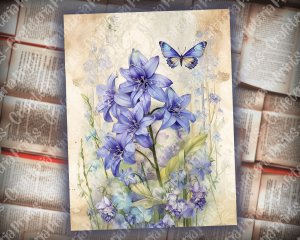 Beautiful Watercolor Vintage Junk Journal Page with Bluebells | Hyper Detailed Printable Template Paper for Invitations, Digital Planners