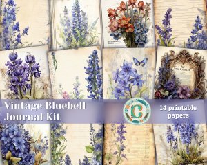 Beautiful Watercolor Vintage Junk Journal Page with Bluebells | Hyper Detailed Printable Template Paper for Invitations, Digital Planners