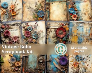 12 papers | Vintage Boho Texture Scrapbooking Papers | High Res Designs for Junk Journaling, Invitations, and Mixed Media Art