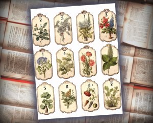 16 papers | Vintage Botanical Labels | Old English Font | Scrapbooking Kit, Junk Journal, Printable Pages, Shabby Chic, Journaling Kit