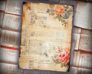 12 papers | Vintage Caligraphy Themed Junk Journal Backgrounds | Intricate Details & Big Elements | Colorful Scrapbooking Papers