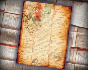 12 papers | Vintage Caligraphy Themed Junk Journal Backgrounds | Intricate Details & Big Elements | Colorful Scrapbooking Papers