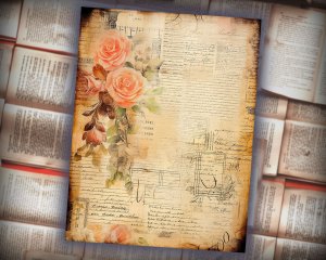 12 papers | Vintage Caligraphy Themed Junk Journal Backgrounds | Intricate Details & Big Elements | Colorful Scrapbooking Papers