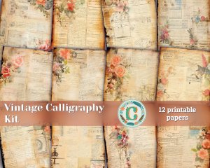 12 papers | Vintage Caligraphy Themed Junk Journal Backgrounds | Intricate Details & Big Elements | Colorful Scrapbooking Papers