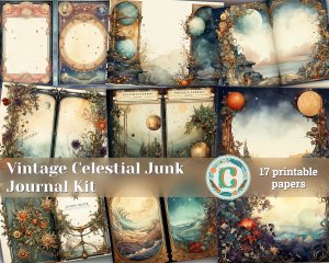 Printable Vintage Double Junk Journal Pages with Celestial Border, Watercolor Fantasy Style, Perfect for Scrapbooking, Invitations