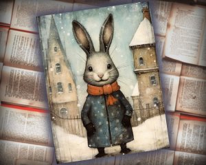 20 Papers | Vintage Distressed Painting Scrapbooking Kit with Quirky Cute Christmas Black Rabbit - Muted Colors, Exquisite Details, Snow