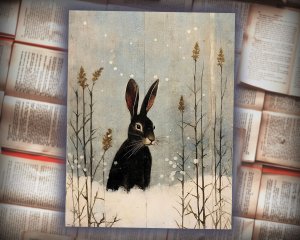 20 Papers | Vintage Distressed Painting Scrapbooking Kit with Quirky Cute Christmas Black Rabbit - Muted Colors, Exquisite Details, Snow