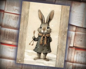 20 Papers | Vintage Distressed Painting Scrapbooking Kit with Quirky Cute Christmas Black Rabbit - Muted Colors, Exquisite Details, Snow