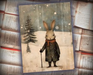 20 Papers | Vintage Distressed Painting Scrapbooking Kit with Quirky Cute Christmas Black Rabbit - Muted Colors, Exquisite Details, Snow