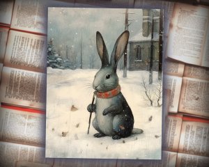 20 Papers | Vintage Distressed Painting Scrapbooking Kit with Quirky Cute Christmas Black Rabbit - Muted Colors, Exquisite Details, Snow