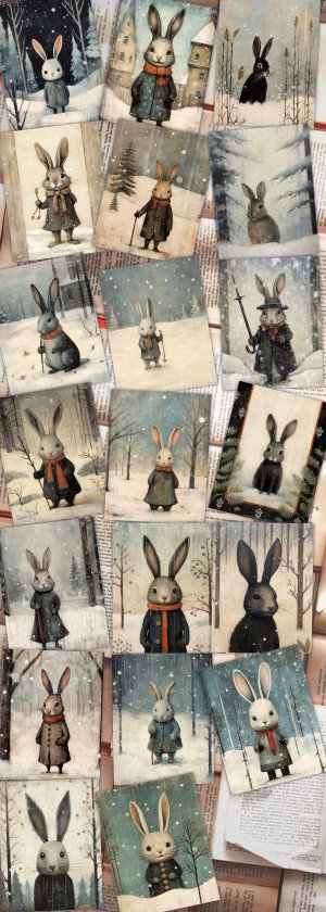 20 Papers | Vintage Distressed Painting Scrapbooking Kit with Quirky Cute Christmas Black Rabbit - Muted Colors, Exquisite Details, Snow