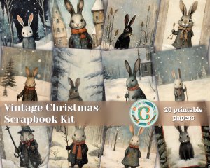 20 Papers | Vintage Distressed Painting Scrapbooking Kit with Quirky Cute Christmas Black Rabbit - Muted Colors, Exquisite Details, Snow