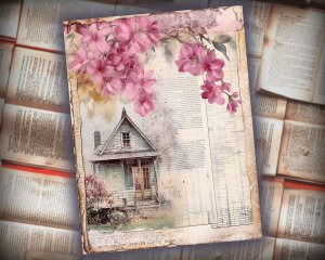 16 papers | Vintage Cottage Cabin House Watercolor Paint Scrapbooking Kit, Magenta Floral Design, Printable Shabby Chic Junk Journal Pages