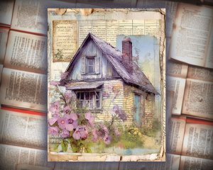 16 papers | Vintage Cottage Cabin House Watercolor Paint Scrapbooking Kit, Magenta Floral Design, Printable Shabby Chic Junk Journal Pages