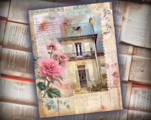 16 papers | Vintage Cottage Cabin House Watercolor Paint Scrapbooking Kit, Magenta Floral Design, Printable Shabby Chic Junk Journal Pages